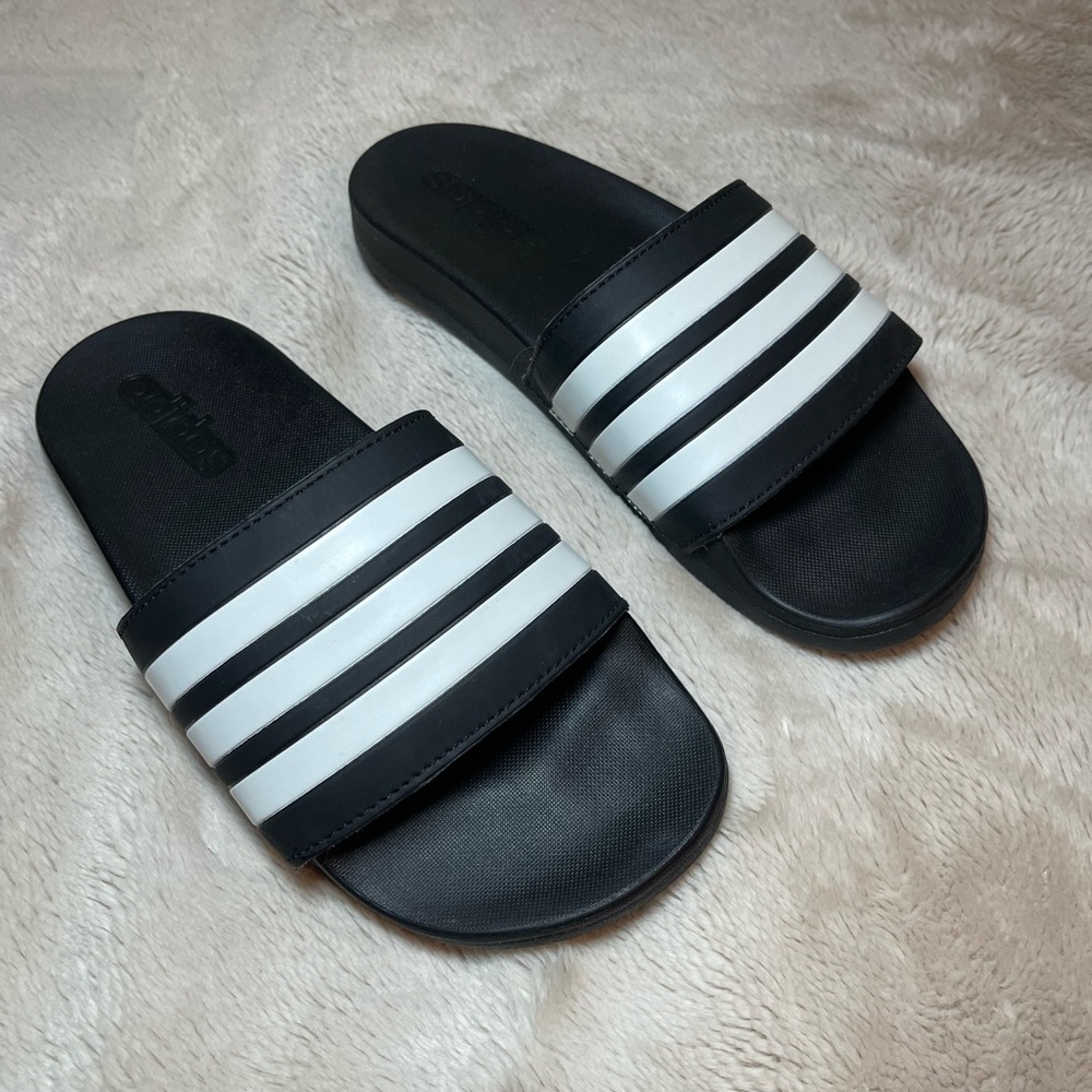 Adidas Black and White Striped Slides